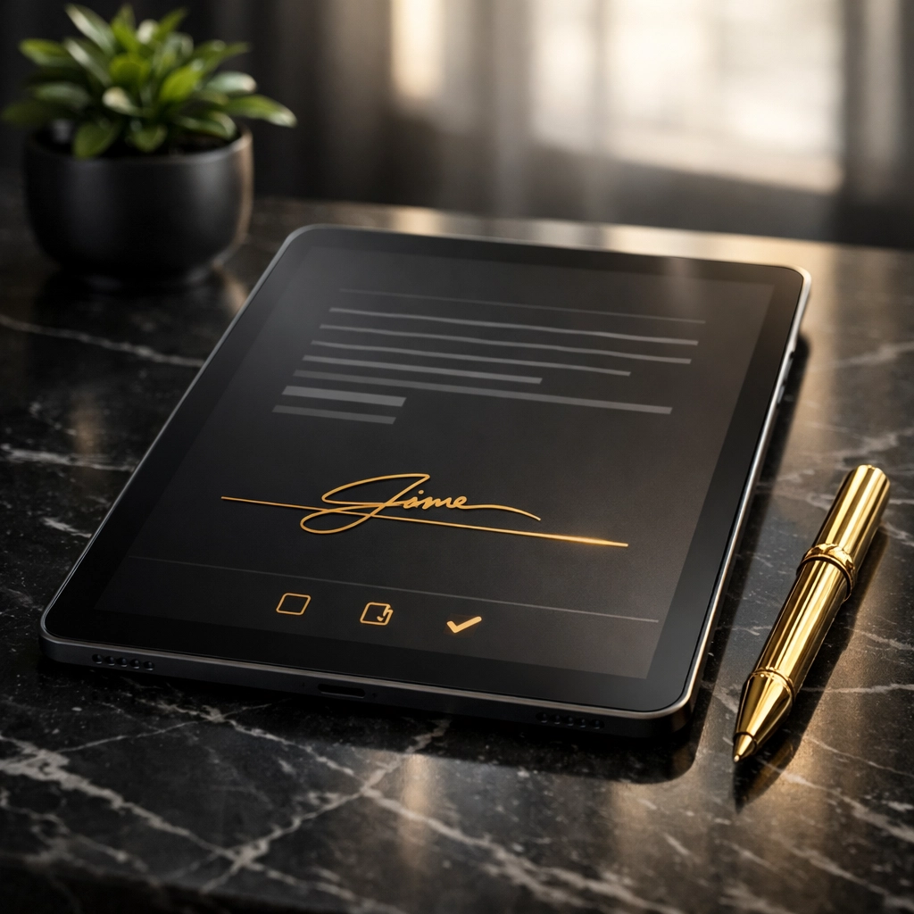 Digital lease signing interface on a tablet for efficient paperless property management admin.