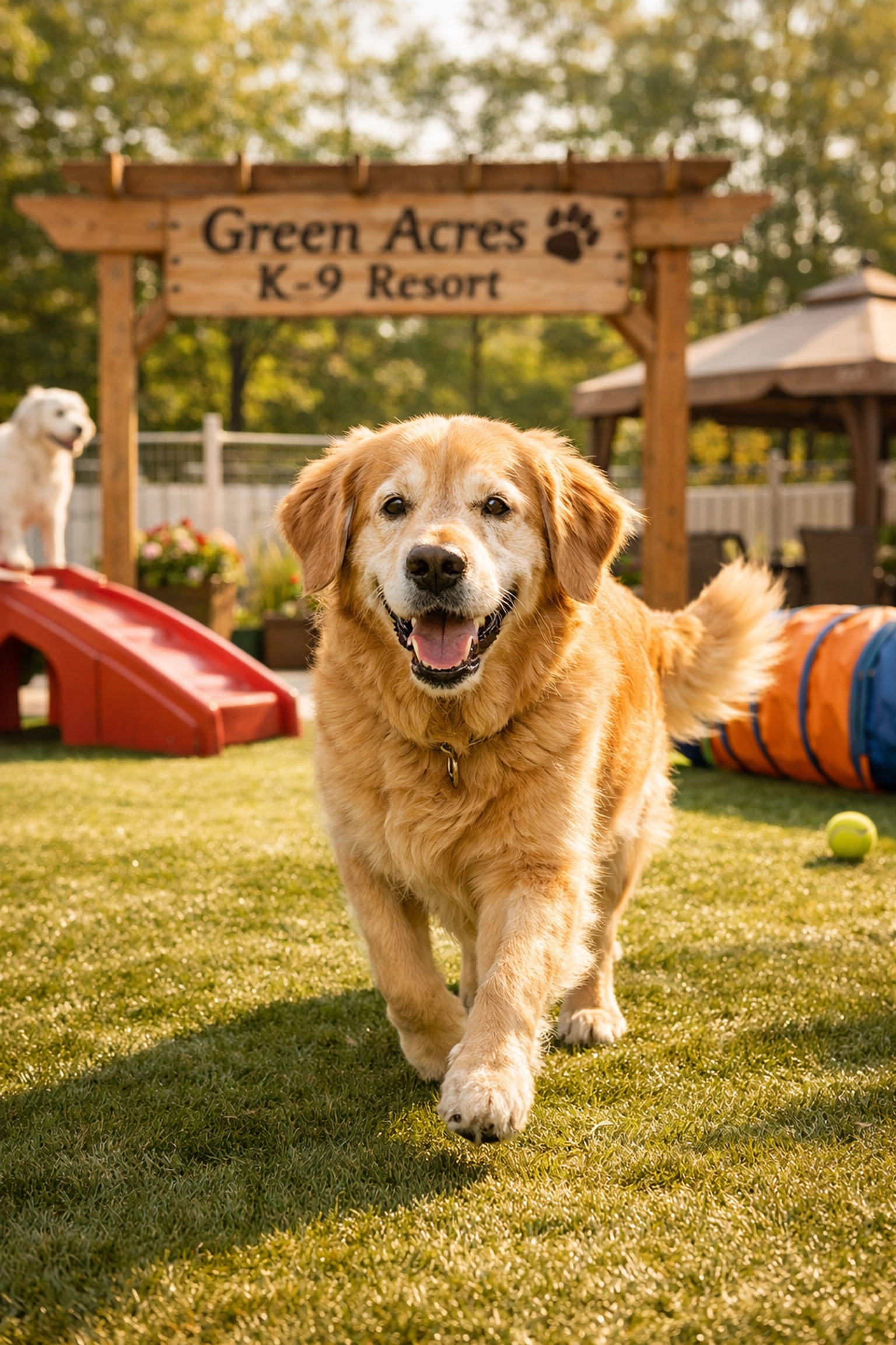 Happy senior dog enjoying outdoor exercise at a holistic dog boarding facility in Boring, Oregon.
