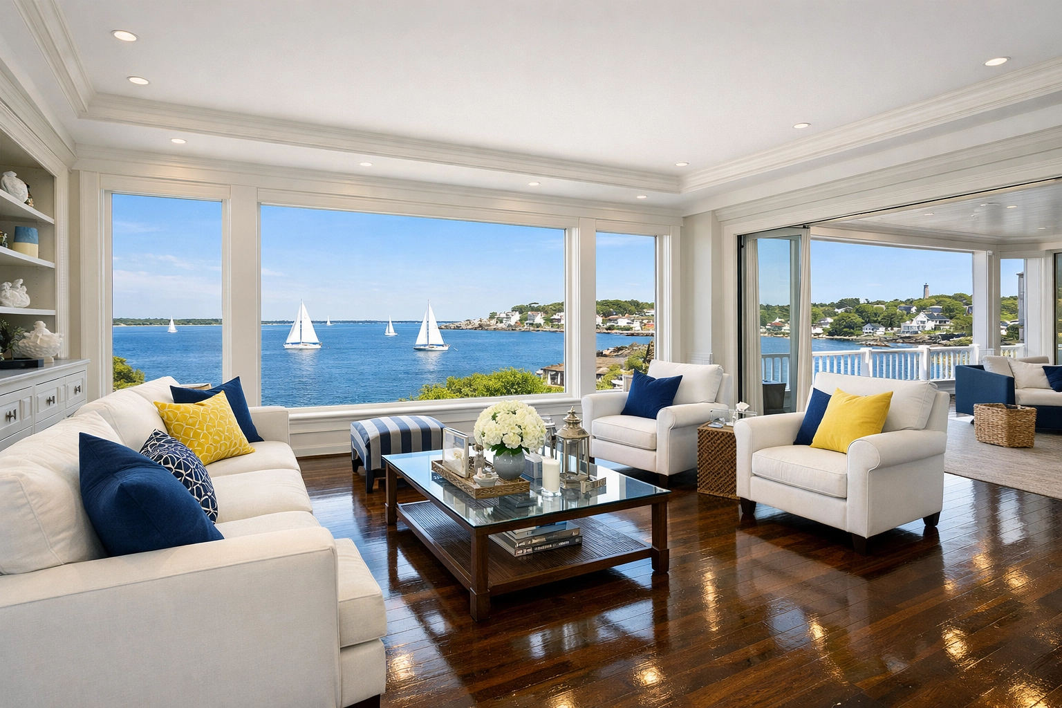 Sparkling clean luxury coastal living room in Marblehead overlooking the harbor.