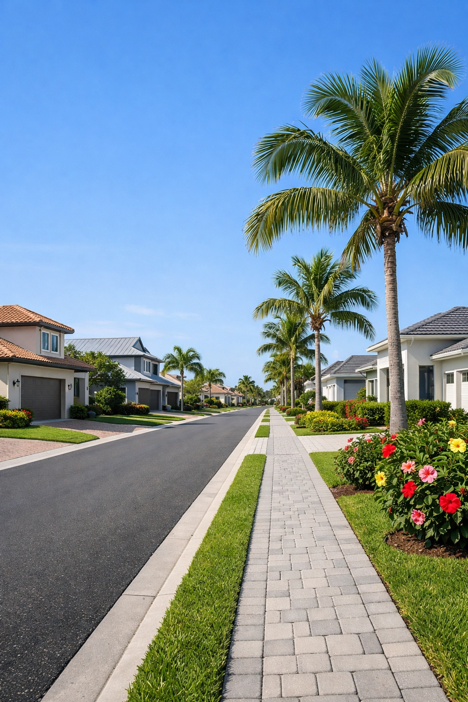 Well-maintained residential street with palm trees in a Cape Coral neighborhood.