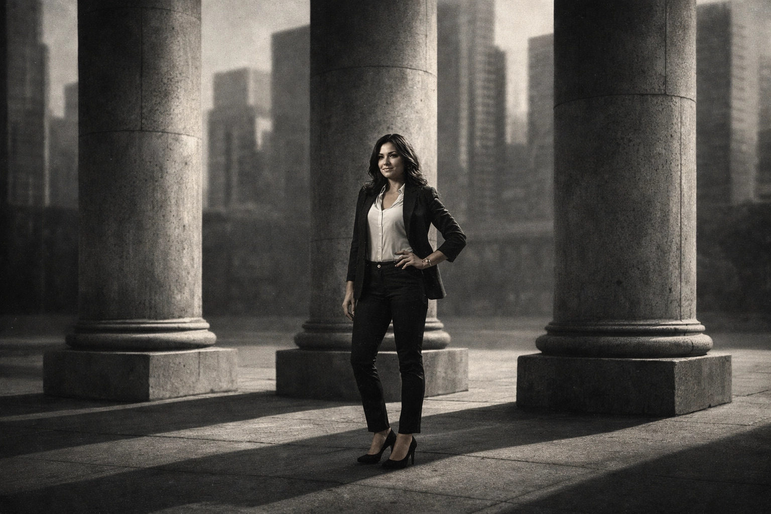 Hispanic woman leader standing between three pillars of legacy architecture and succession