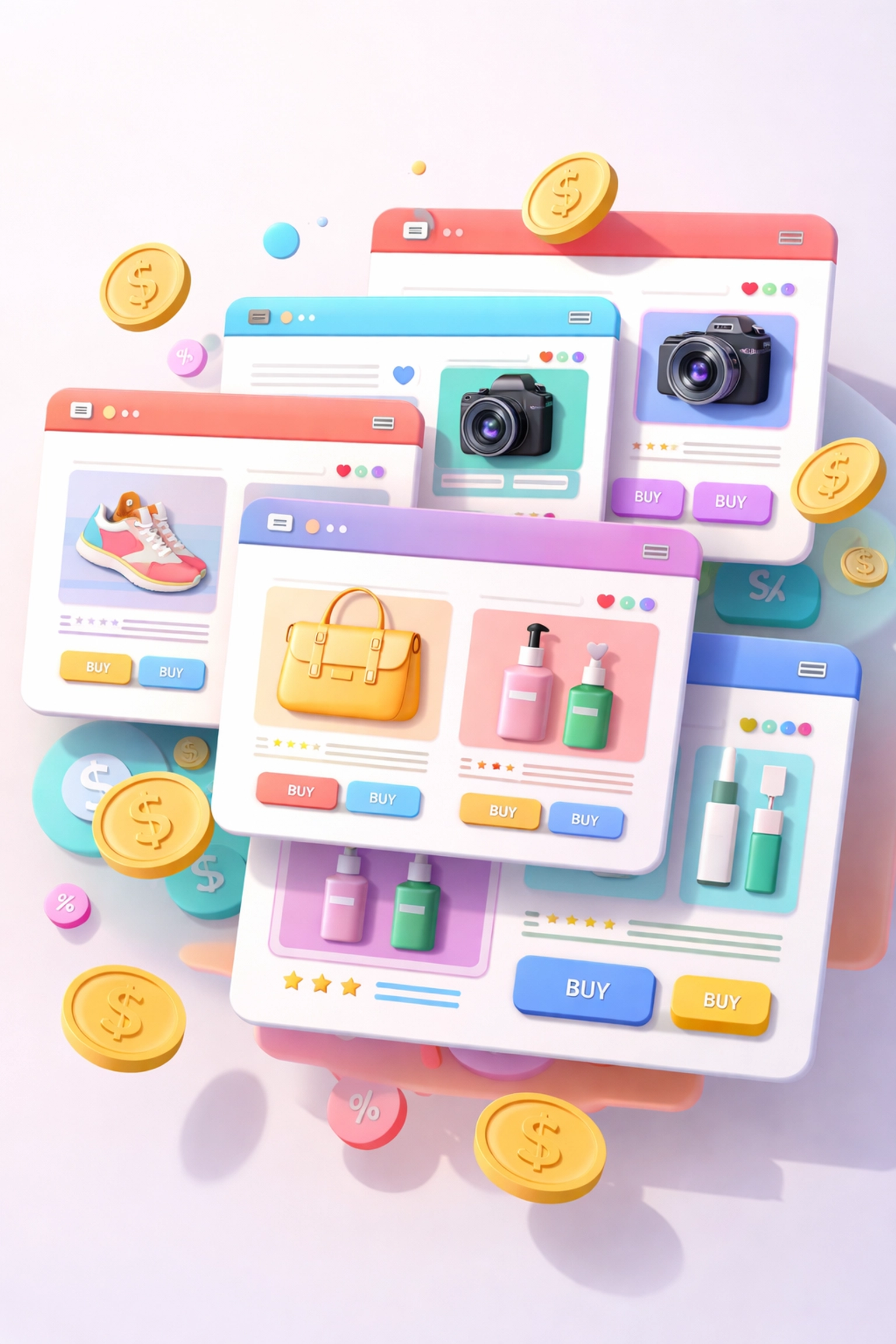 Multiple browser windows showing products and coins to represent earning commission from affiliate marketing programs.