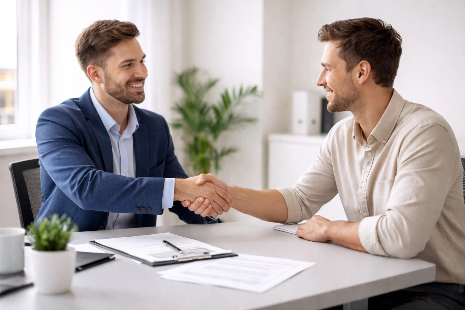 Two people shaking hands after successful credit repair negotiation, celebrating collection removal