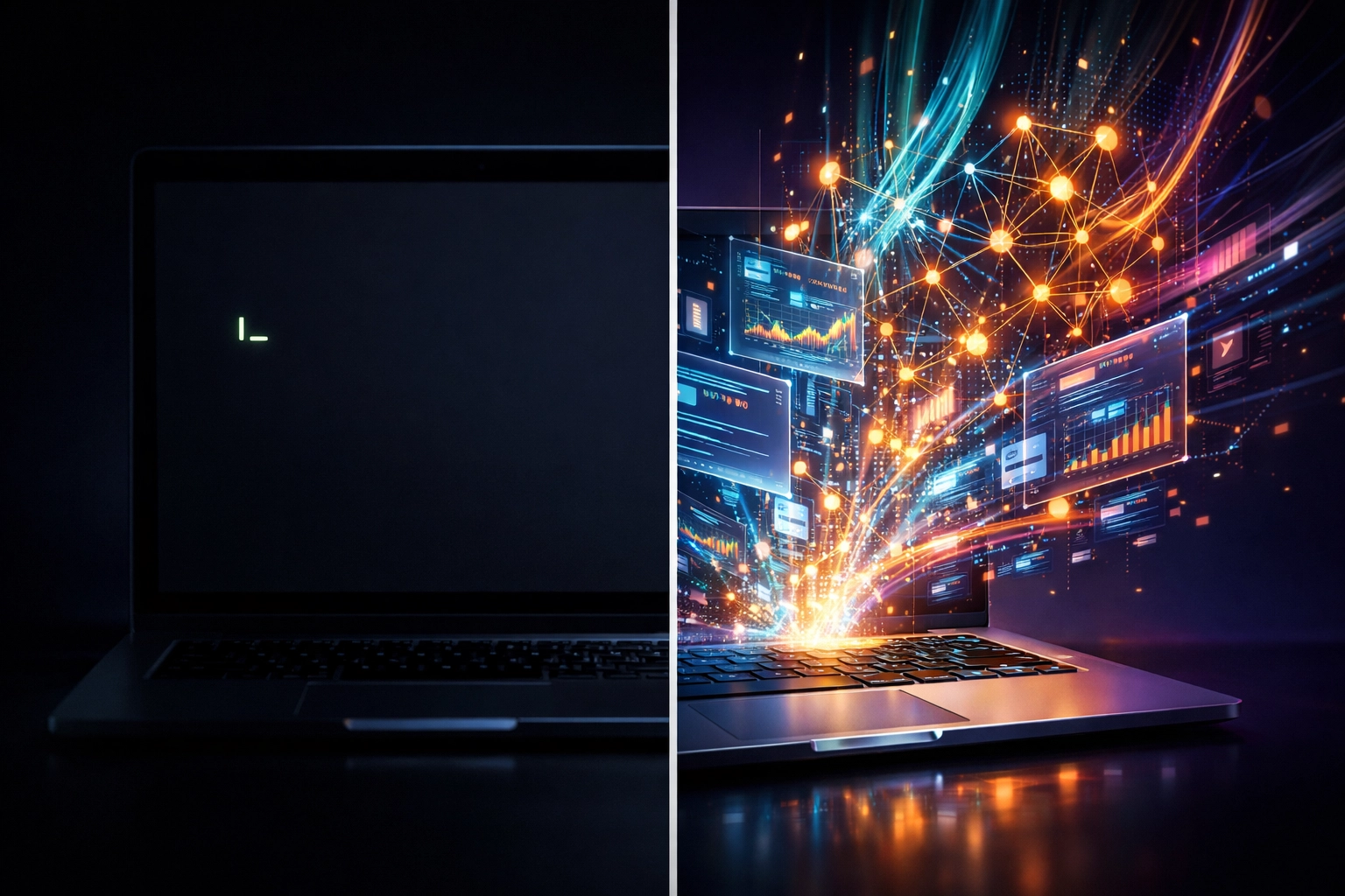 Abstract split-screen comparing basic AI prompts with complex AI-driven copywriting and data analysis.