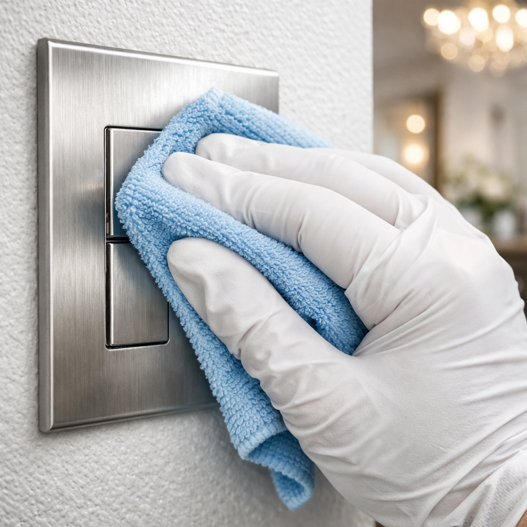 Professional sanitizing a light switch with microfiber cloth during a deep cleaning in Winter Park.