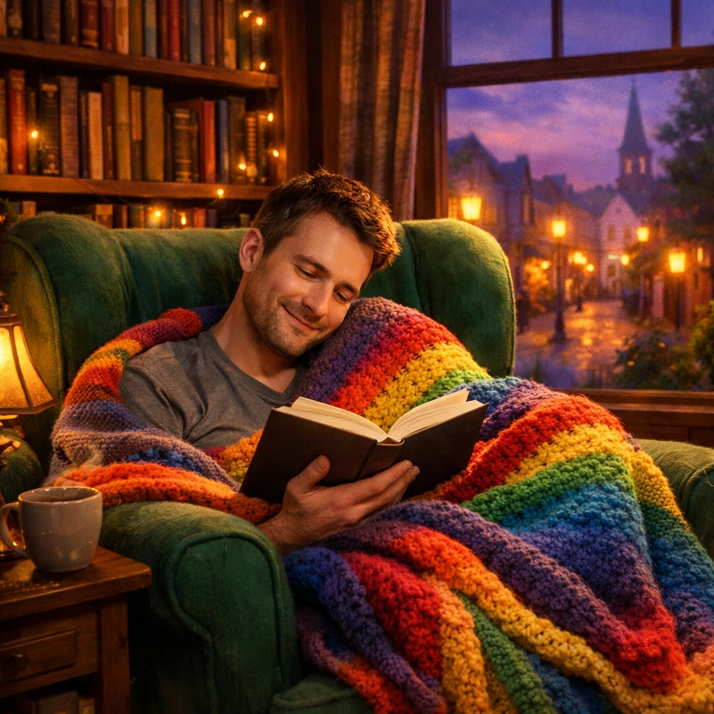 A man finds comfort reading a gay romance book in a cozy library chair with a colorful rainbow blanket.