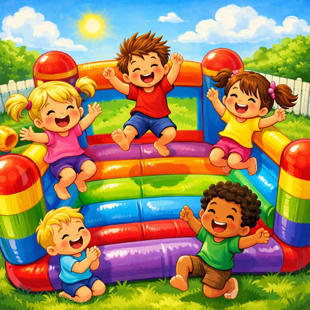 Children jumping on inflatable bounce house during backyard testing process