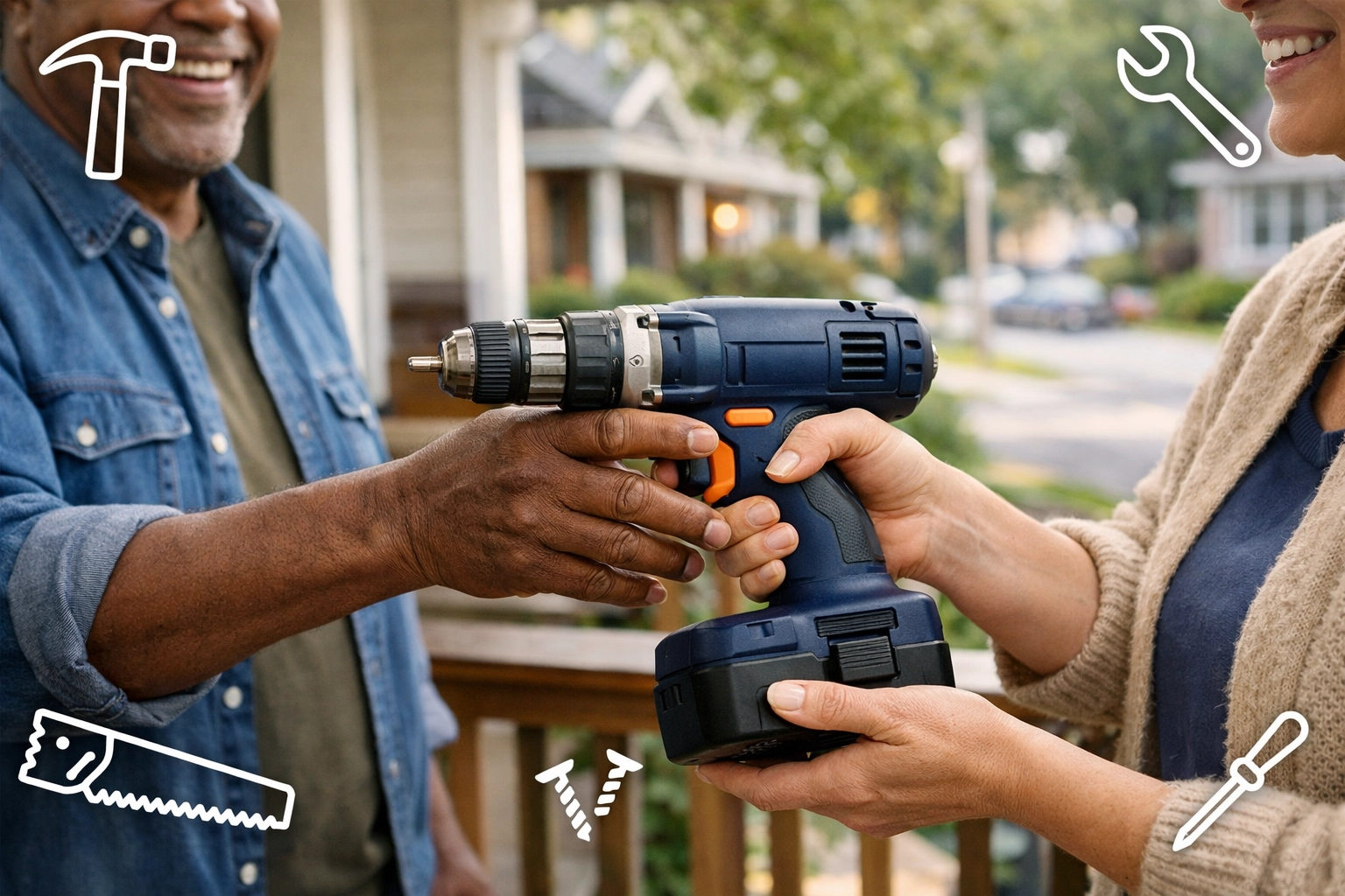 Neighbors exchanging power tools through peer-to-peer rental platform