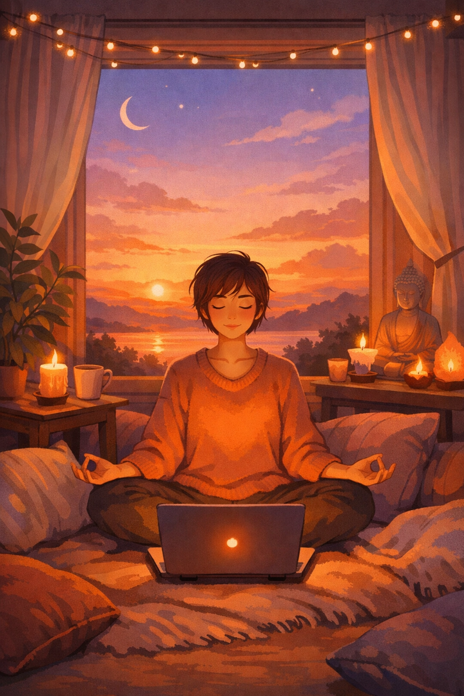 Person seeking peace through online prayer and meditation reflecting spiritual healing