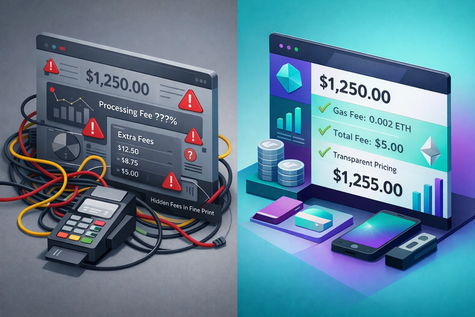 Traditional payment processor dashboard vs decentralized crypto payment system comparison