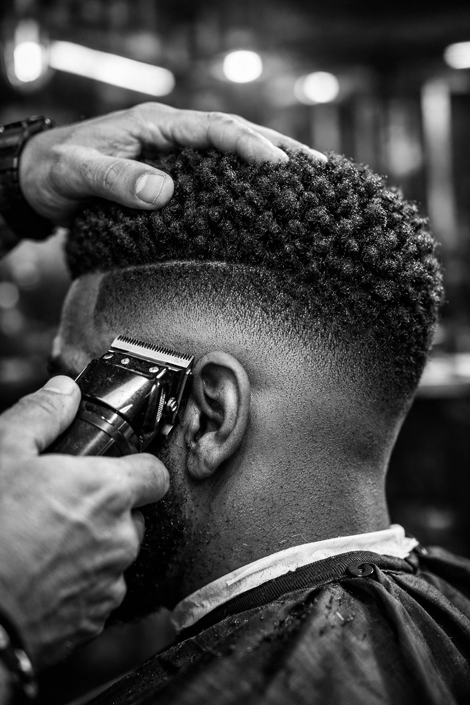 Master barber at X-Quisite Cutz performing a precision fade on textured hair in West Chester, Ohio.
