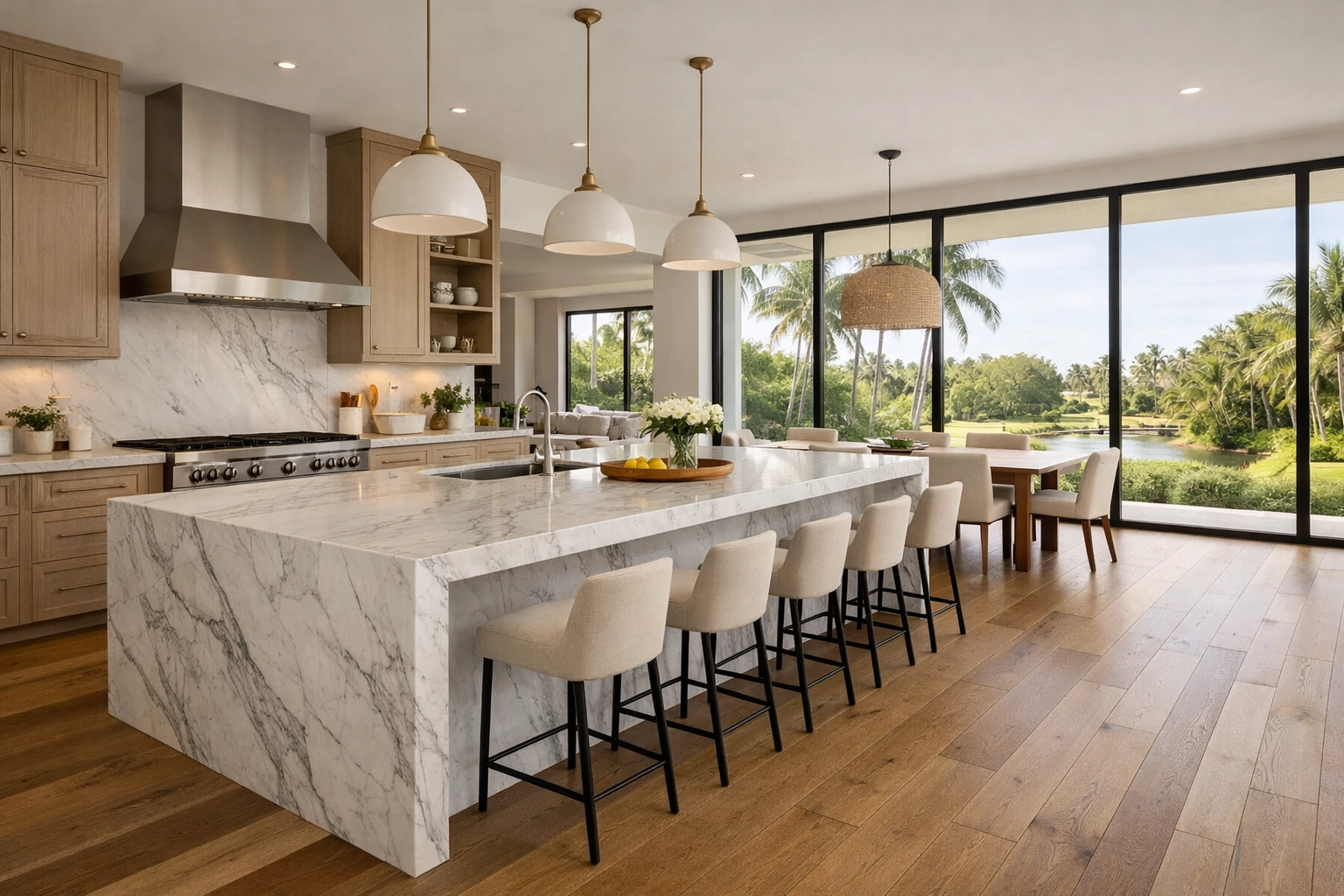 Modern custom kitchen design in Okeechobee featuring a massive marble island and open-concept dining area.