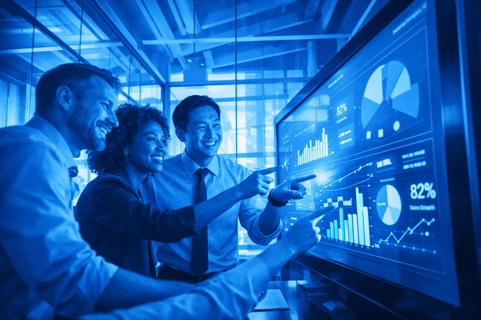 Diverse team collaborating in a modern office using cloud-based communication systems for seamless teamwork.