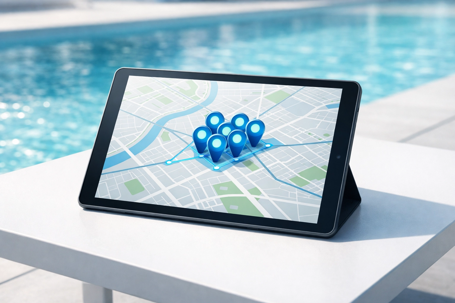 Digital tablet showing a dense pool service route map next to a swimming pool to demonstrate geographic efficiency.