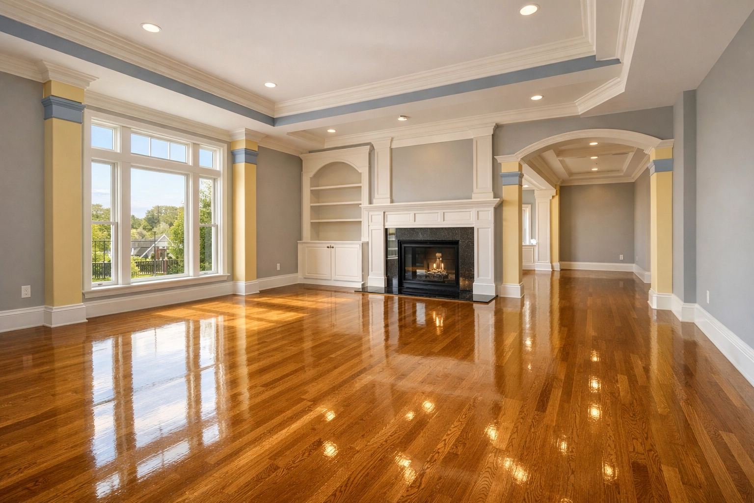 Spotless luxury living room with shiny floors after a professional deep clean in Boston.