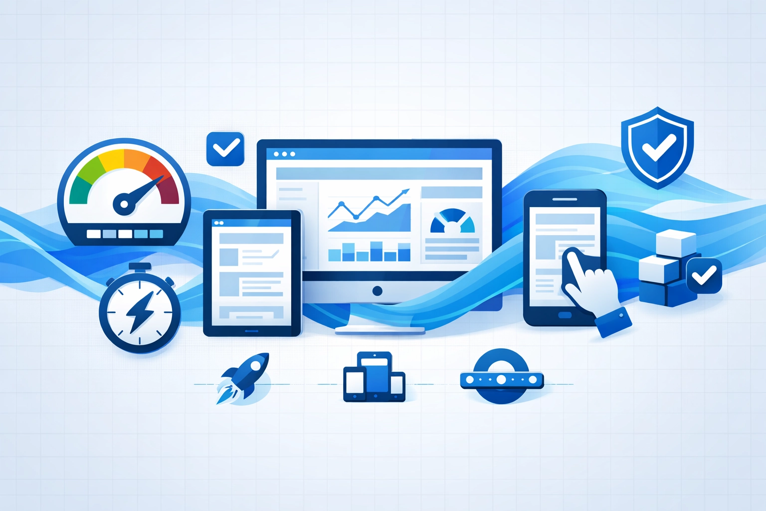 Website performance dashboard displaying Core Web Vitals metrics across mobile and desktop devices