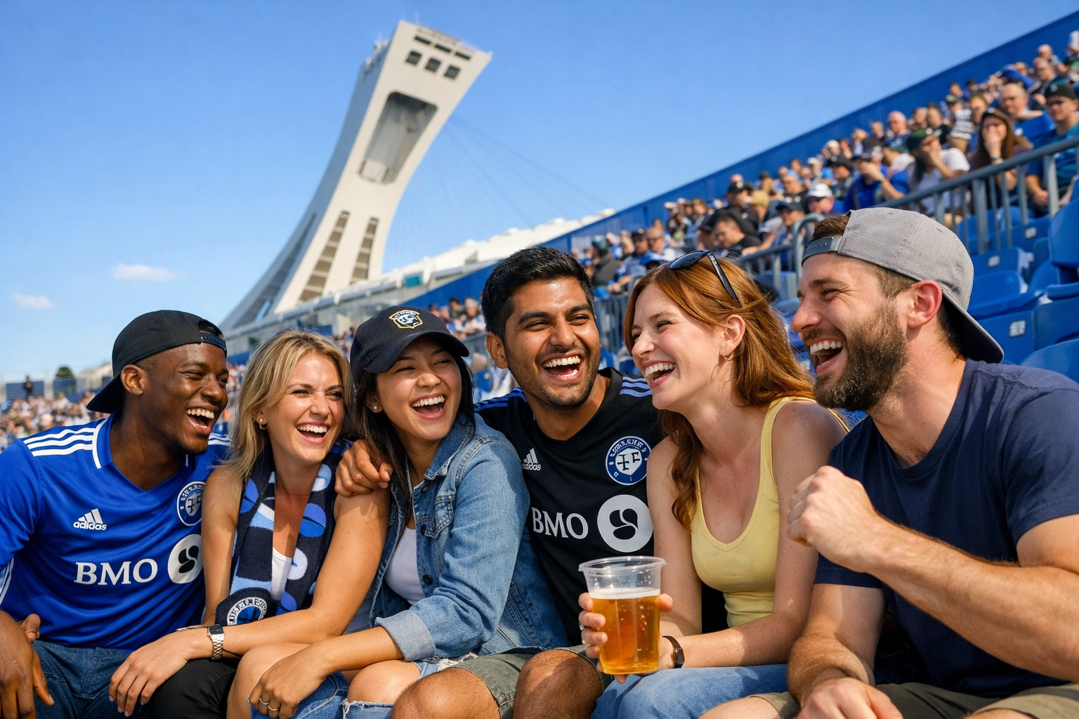 Diverse fans cheering at a CF Montreal match with the iconic Olympic Tower in the background.