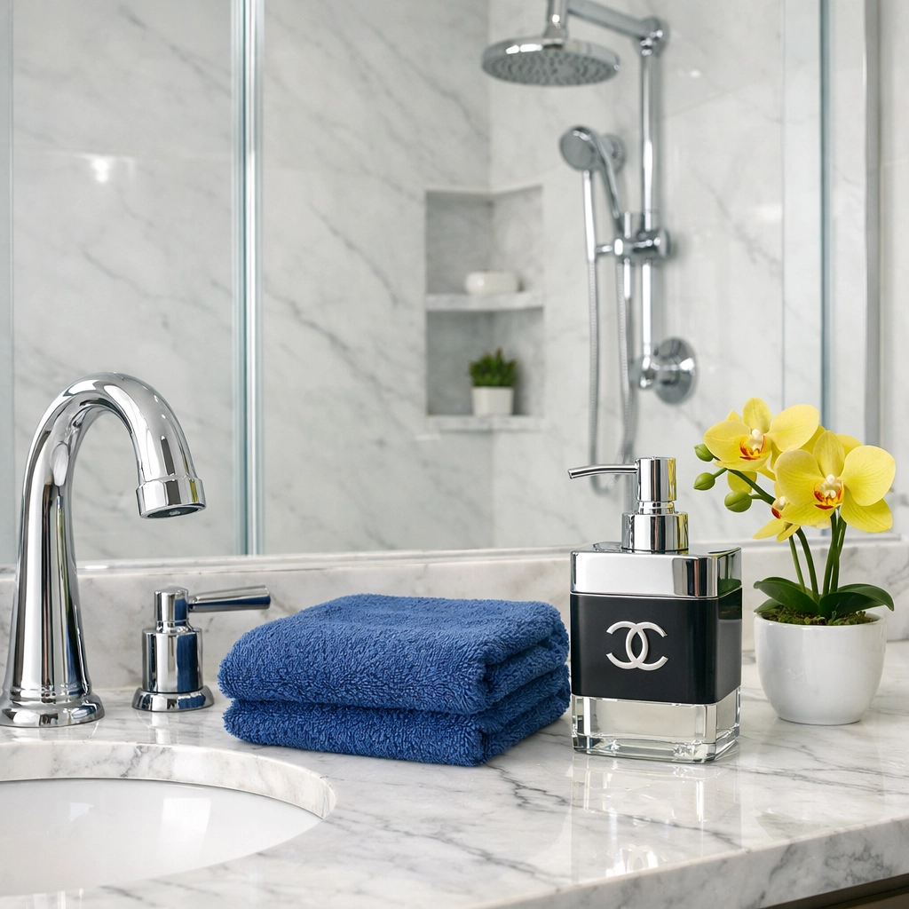 Sparkling clean bathroom vanity and fixtures from a detailed deep house cleaning in Shrewsbury.