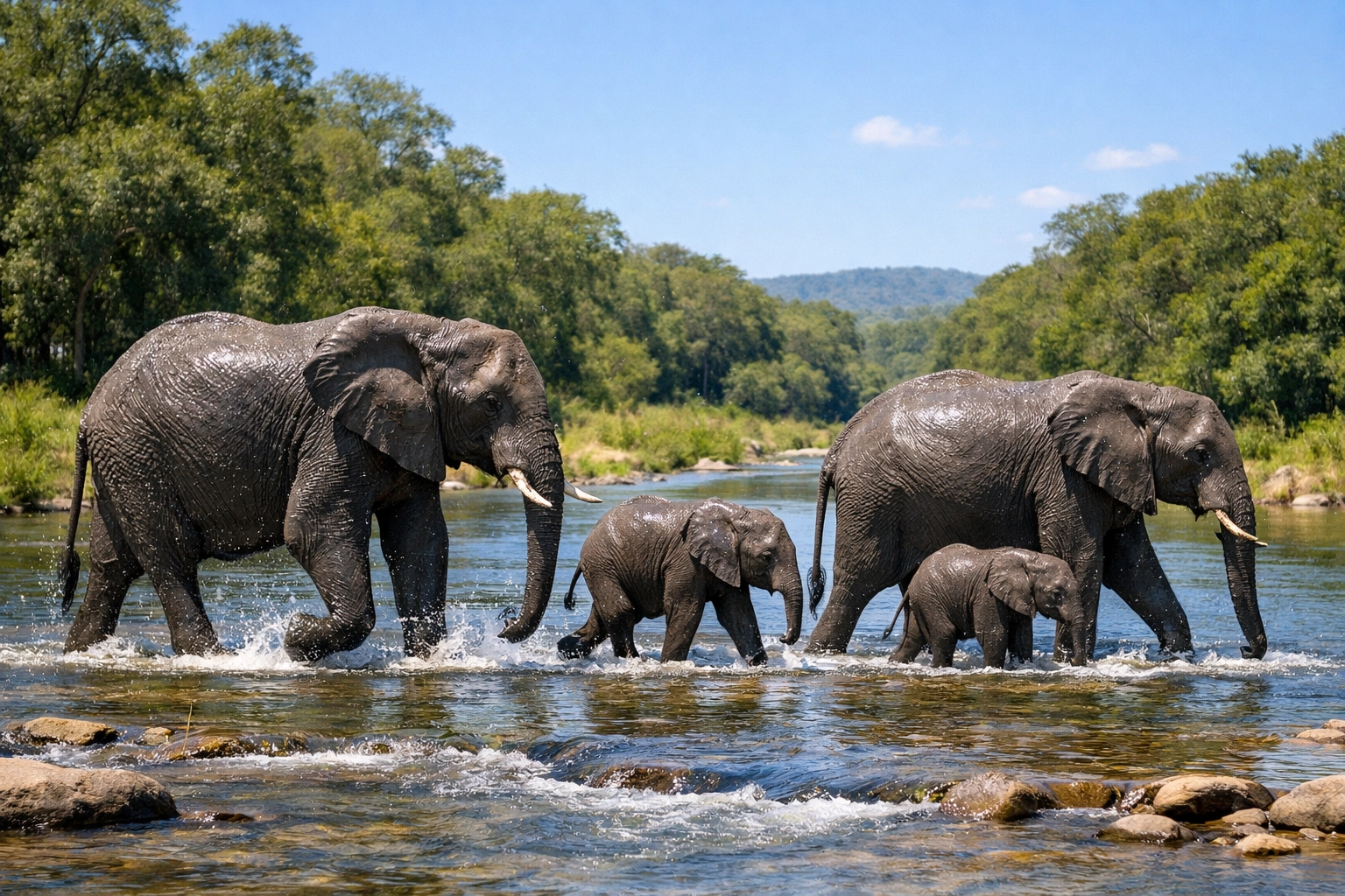 Family of elephants crossing a river, emphasizing environmental responsibility and sustainable wildlife protection.