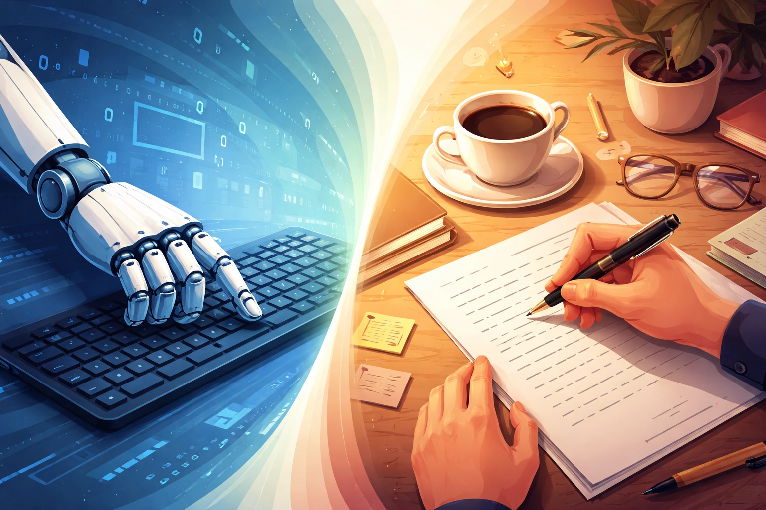 Comparaison visuelle entre automatisation par robot et rédaction humaine pour souligner l'importance de l’humain dans la stratégie RP et IA.