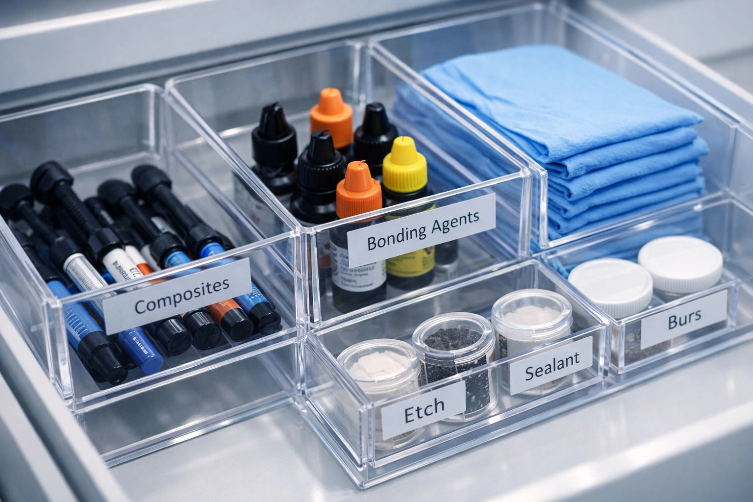 Organized dental supplies and materials in categorized storage for accurate expense tracking