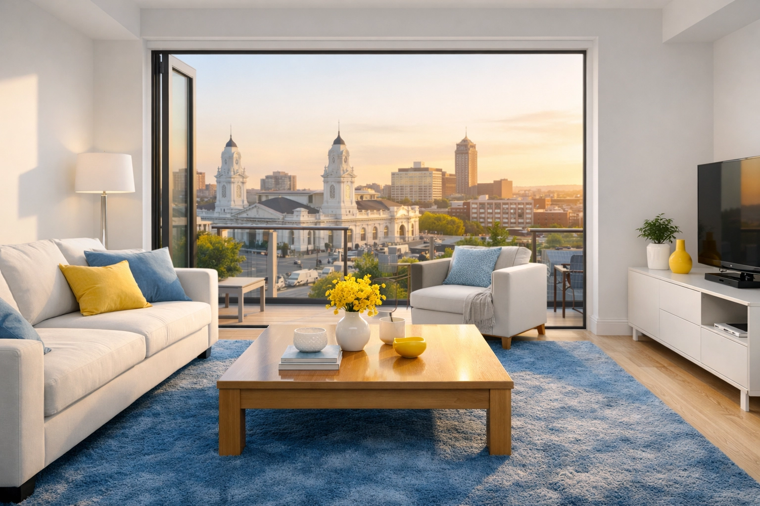 Spotless Worcester penthouse living room with skyline views, showcasing expert move-out cleaning Worcester.