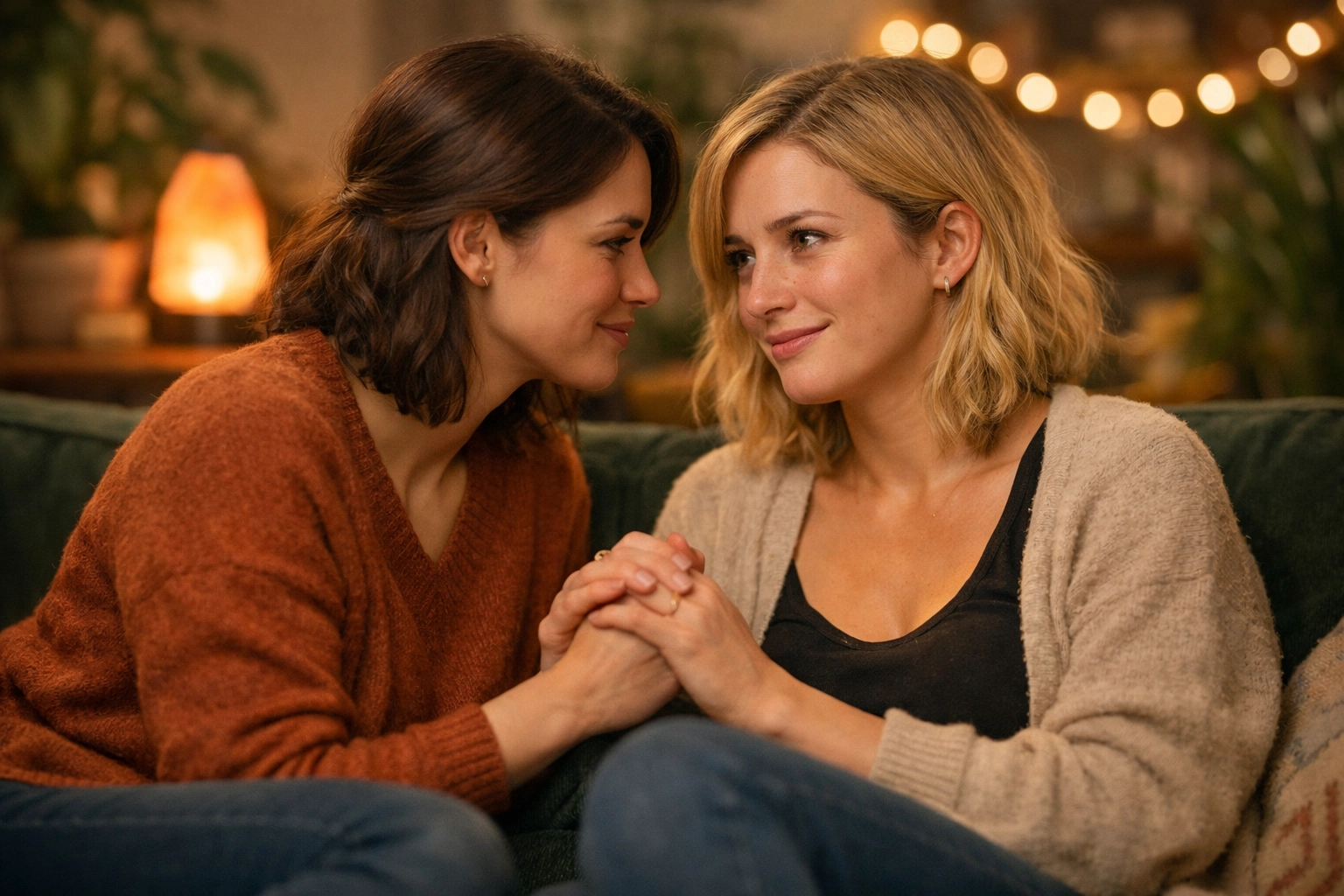 Two queer women sharing affirming support and connection in a cozy home, illustrating the strength of LGBTQ+ community.