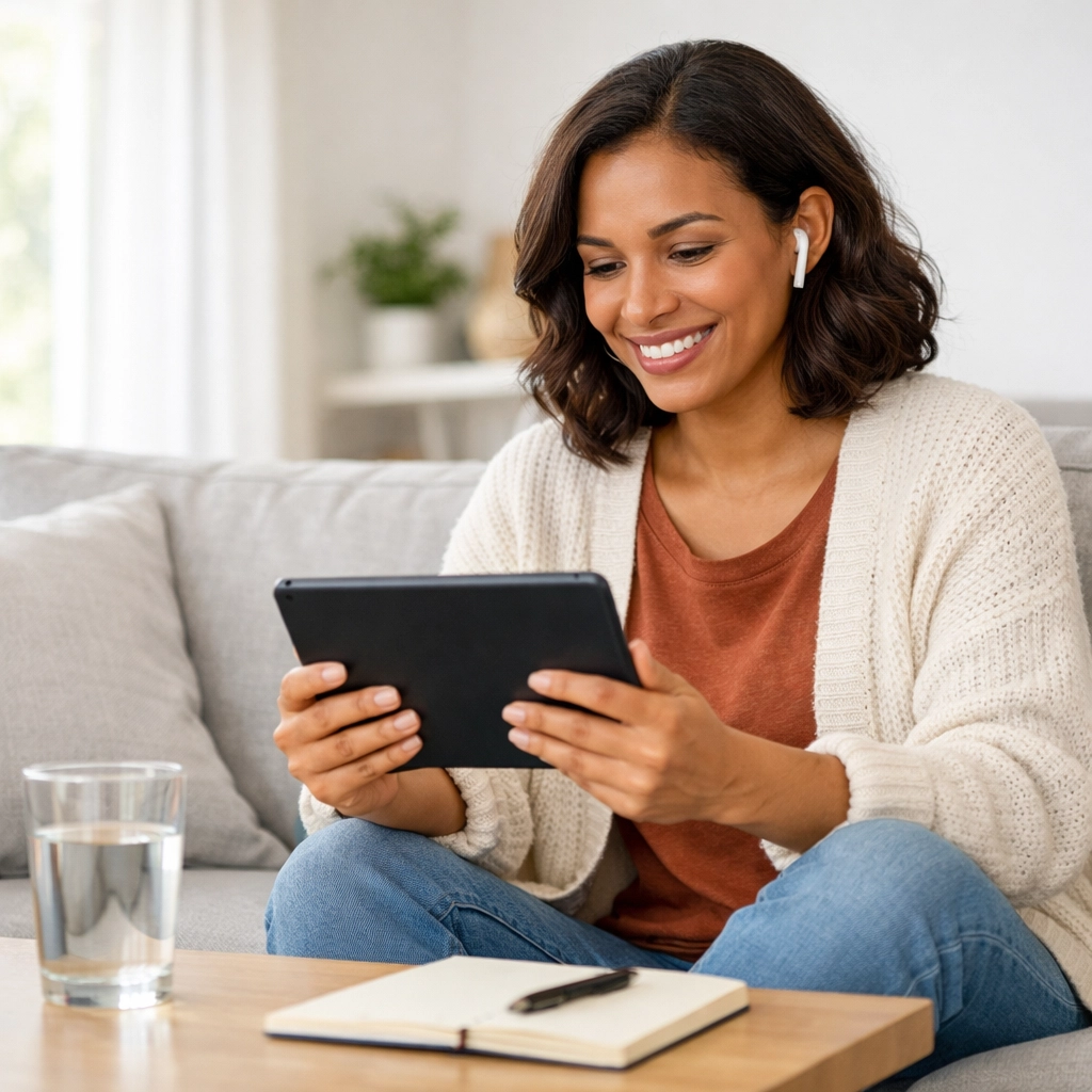 Woman using tablet for online weight loss doctor consultation from home in Massachusetts