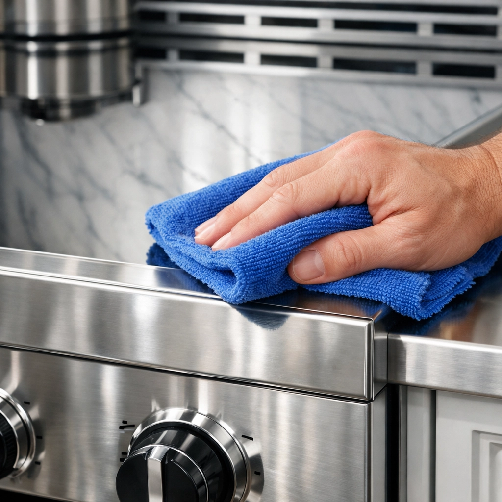Detailed polishing of a stainless steel oven after a residential post-construction cleaning MA project.