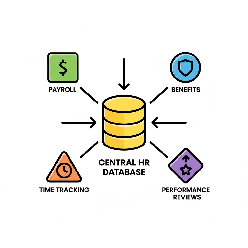 Central HR database icon in yellow with arrows connecting to green "Payroll," blue "Benefits," orange "Time Tracking," purple "Performance."