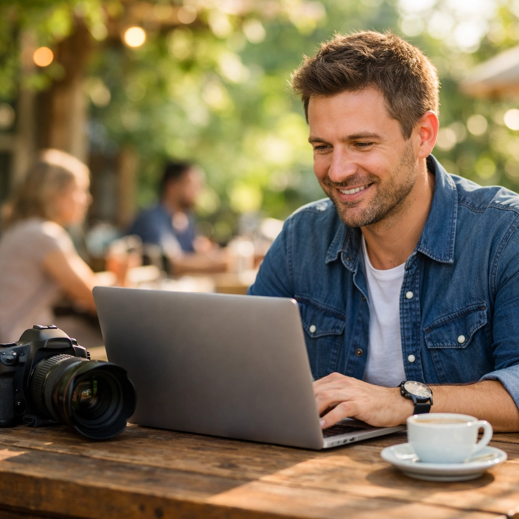 Professional photographer using a laptop at a cafe to secure new work on a creative marketplace.
