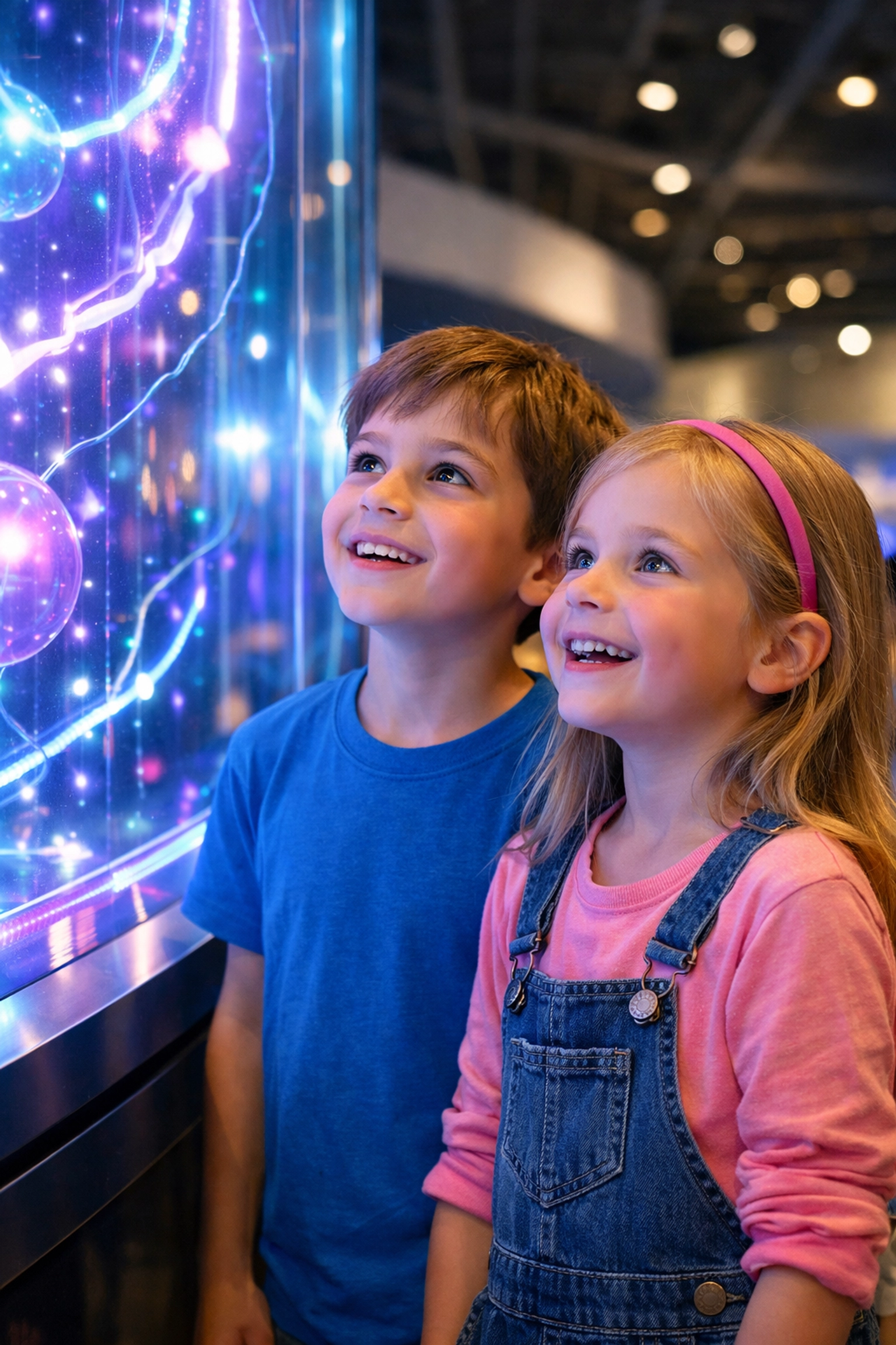 Children exploring a glowing interactive museum exhibit, a fun family travel activity for kids.