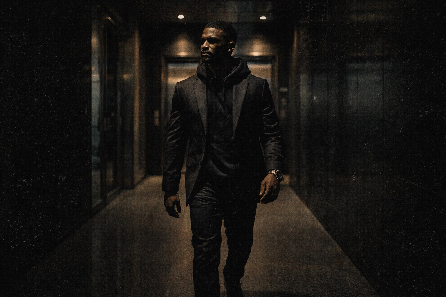 Gritty cinematic Black or Hispanic leader entering a modern office corridor with dramatic shadows