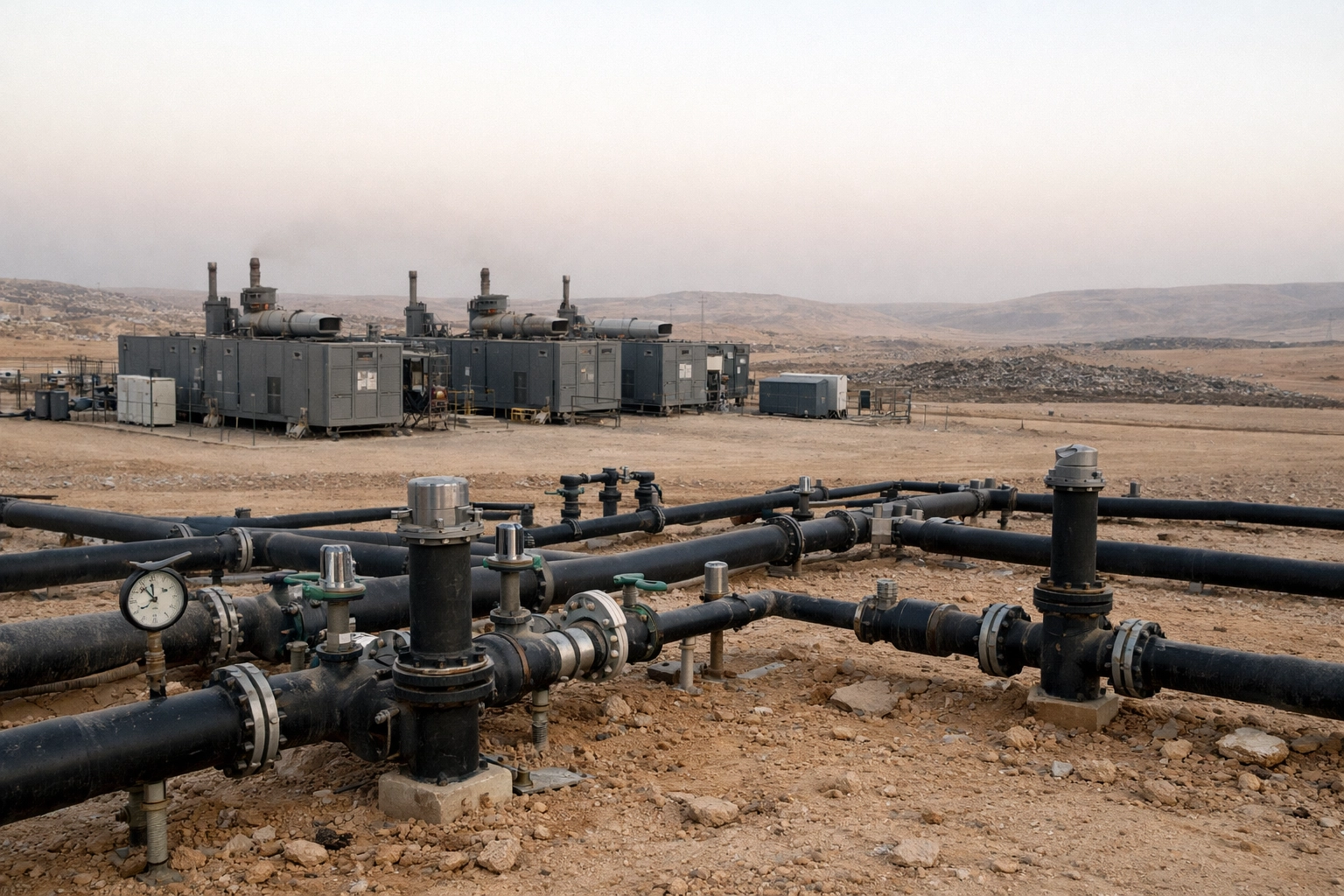Industrial gas collection pipes at Amman's Al-Ghabawi Landfill waste-to-energy facility in the desert.