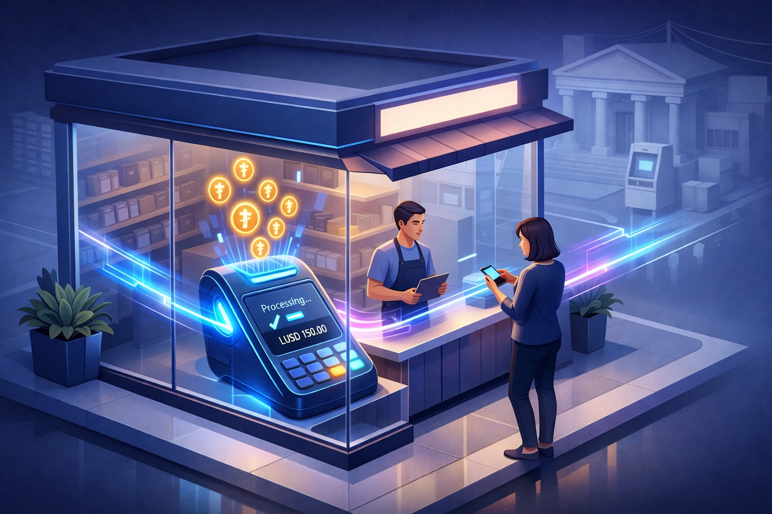 Small business accepting crypto payments with LUSD stablecoin payment terminal