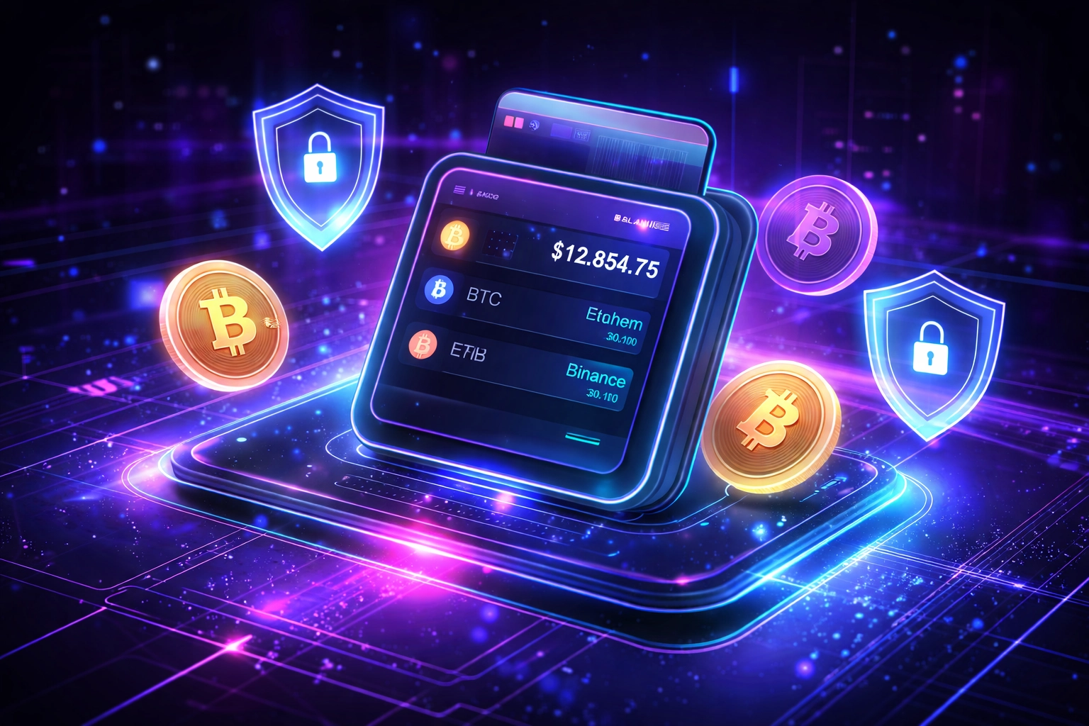 A digital wallet interface with glowing crypto coins and security symbols, highlighting self-custody in Web3 payments.