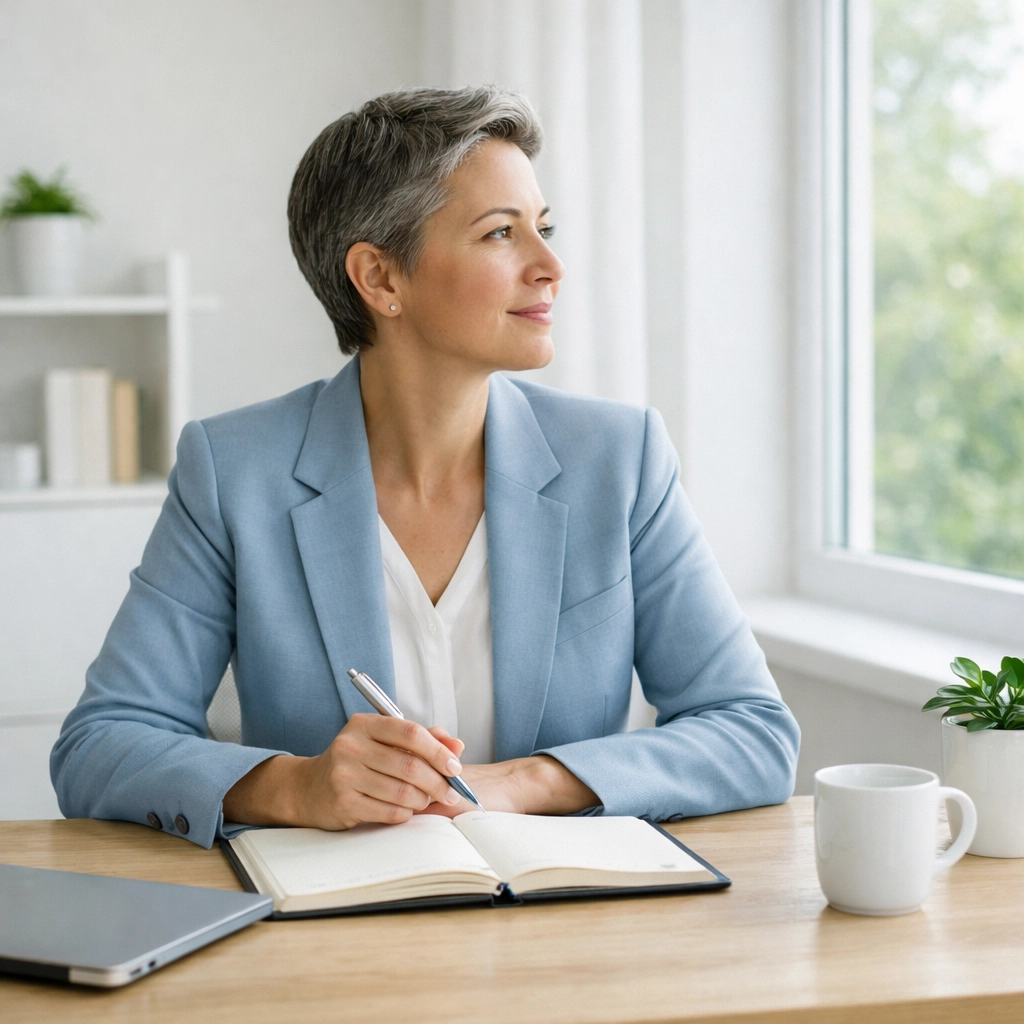 A calm leader using a paper planner instead of a laptop to reclaim thinking time and personal productivity.
