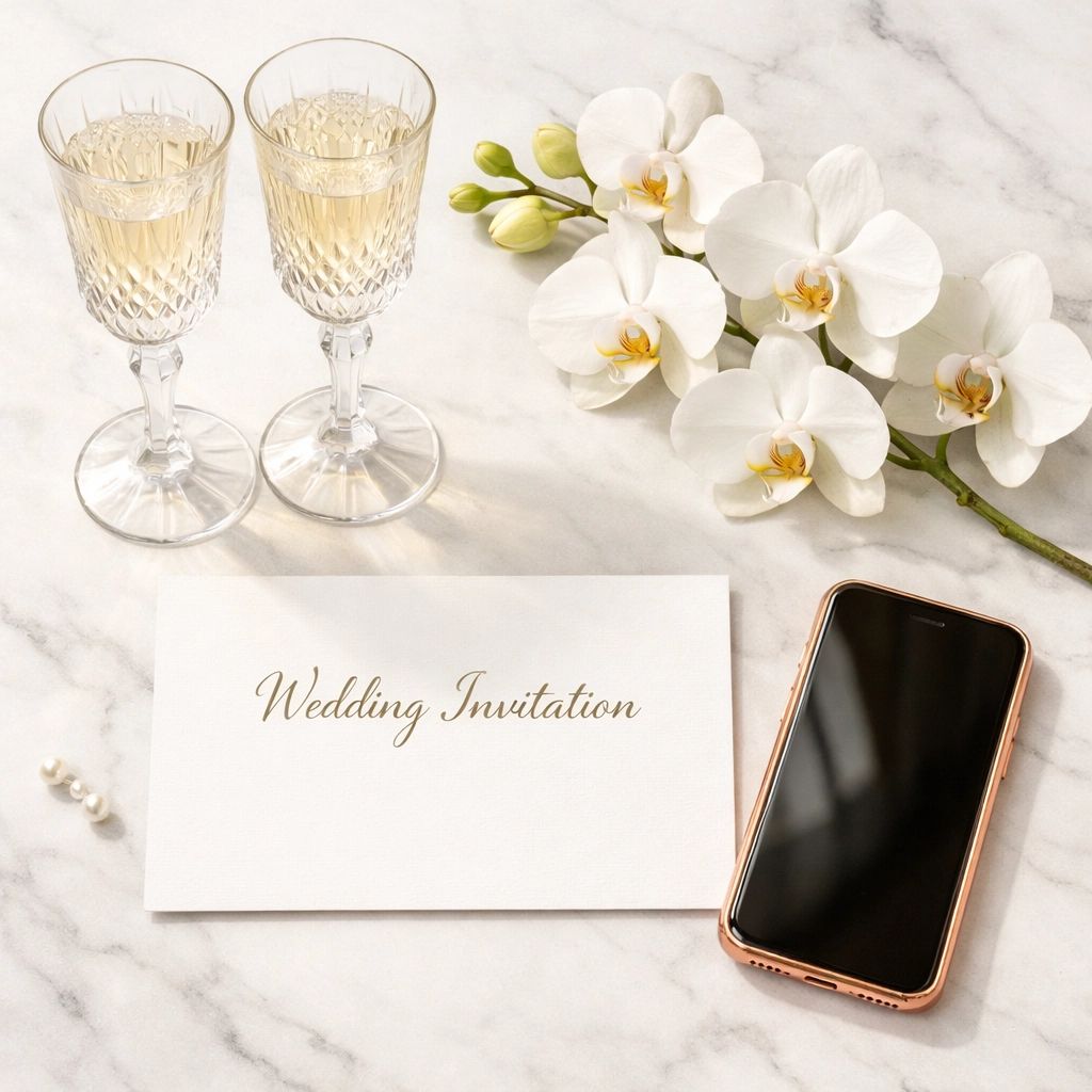 Modern digital wedding fund on a smartphone next to traditional wedding invitations and champagne flutes.