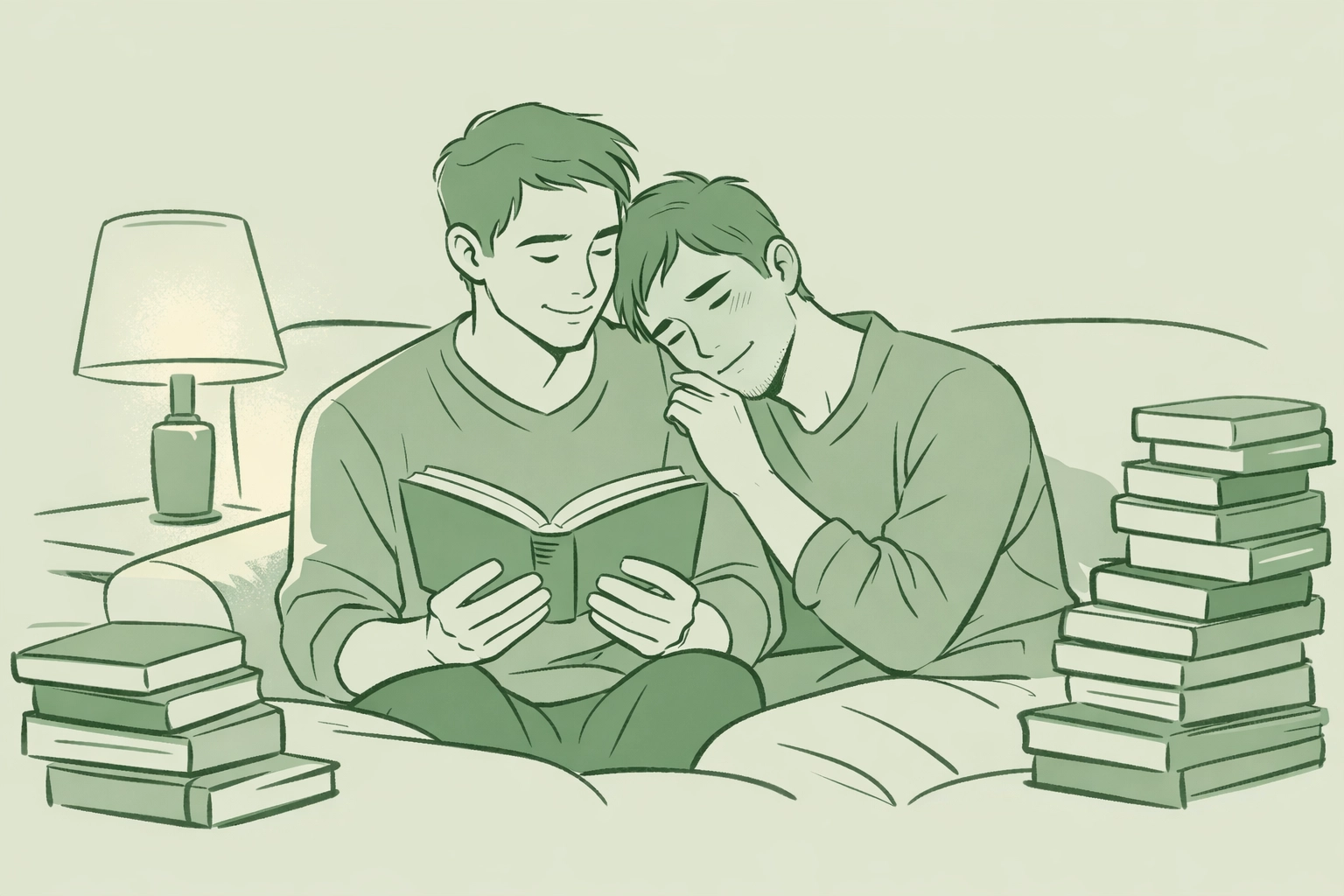 Two men reading literary MM romance together, sharing emotional connection through quality LGBTQ+ books
