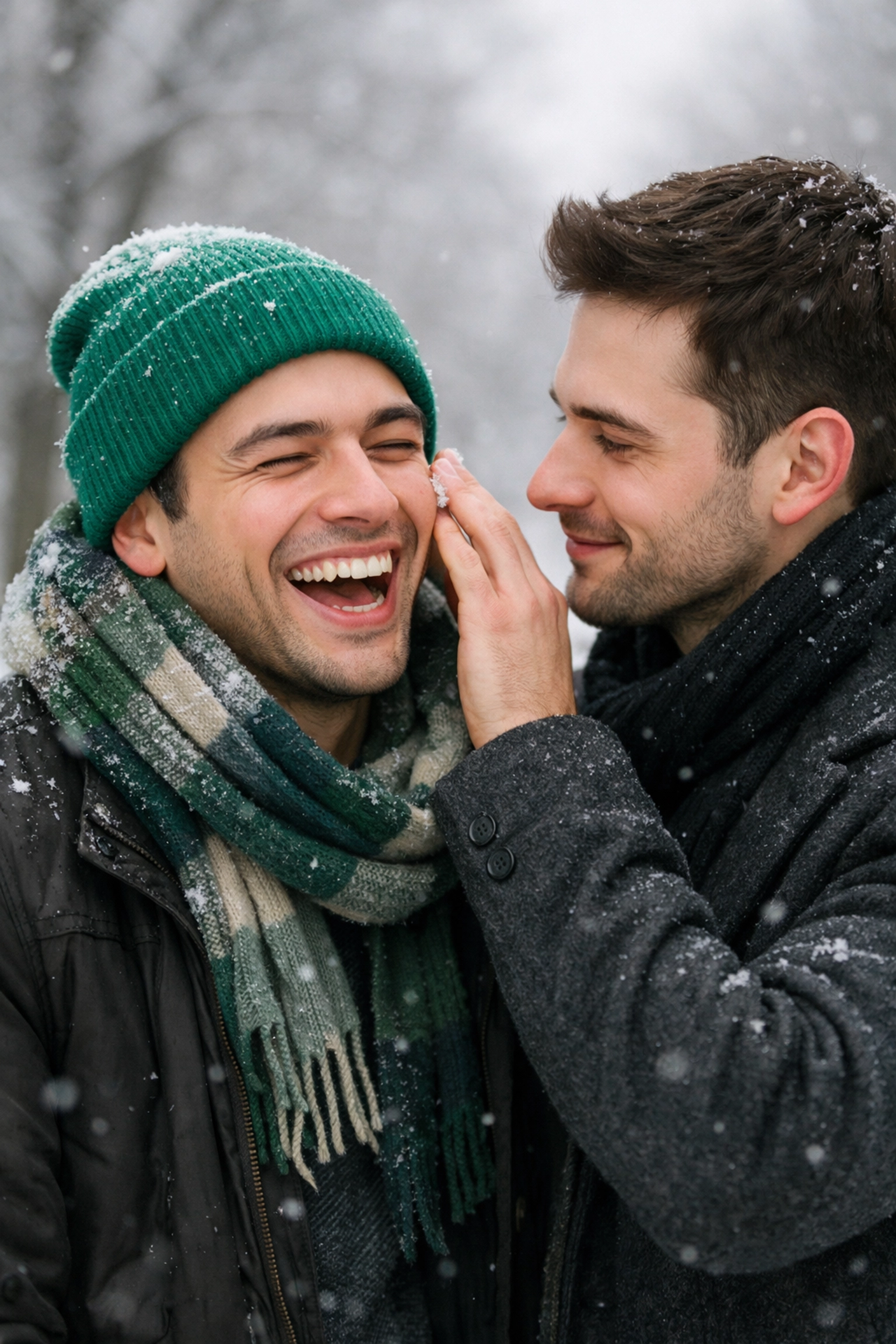 Two gay men sharing a laugh and capturing queer joy in a snowy park during winter.
