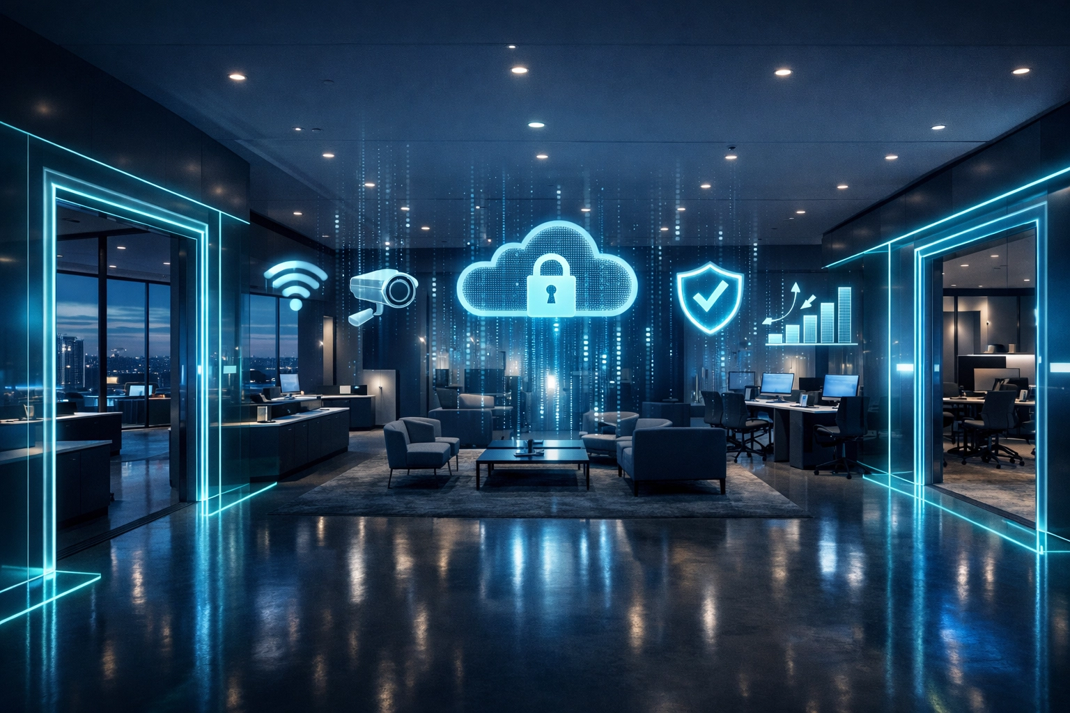 Modern Michigan office with digital icons representing 911 Camera Share and cloud-based Axis security integration.