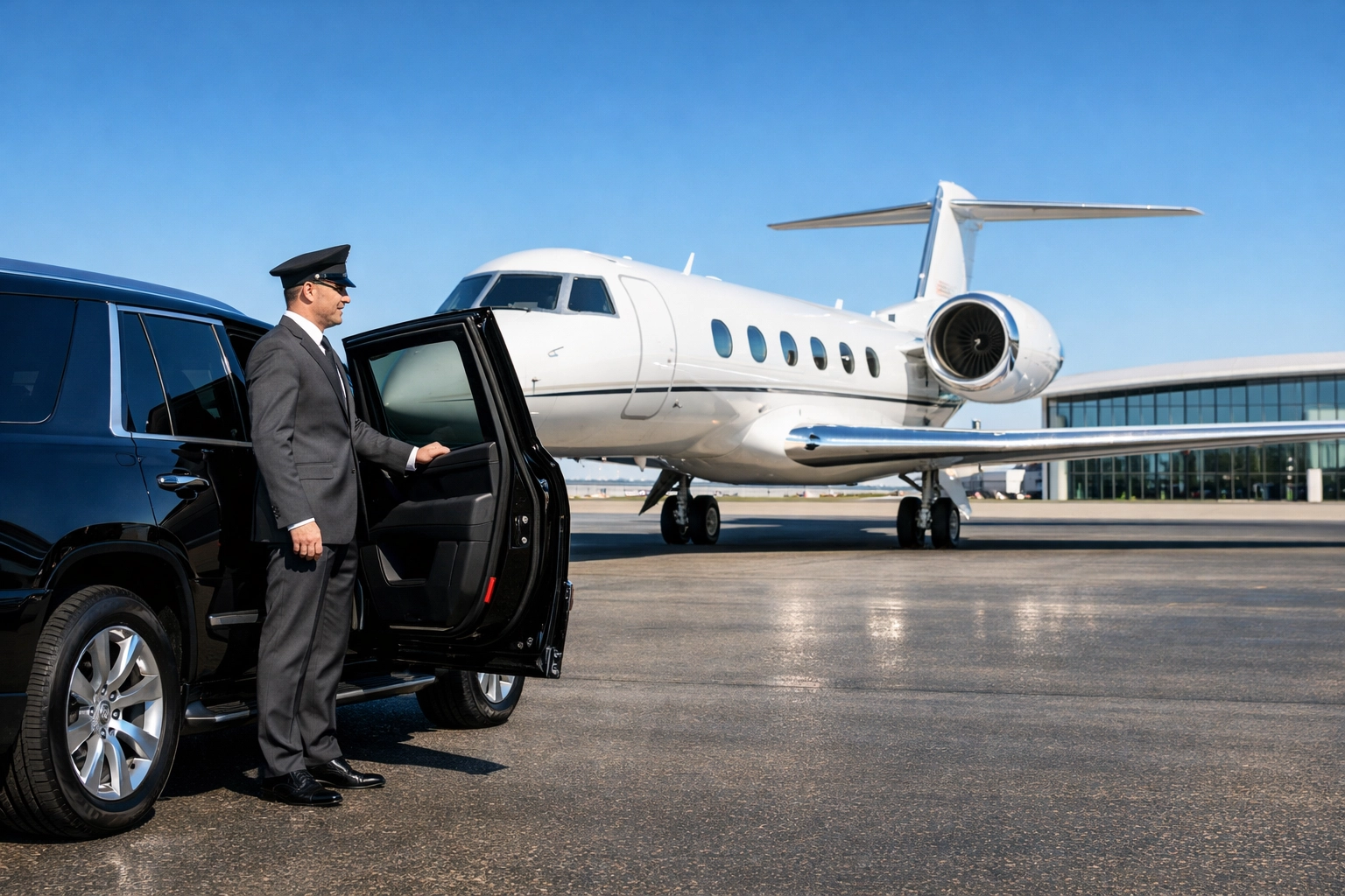 Private jet and chauffeur pickup at a terminal for Super Bowl executive travel logistics.