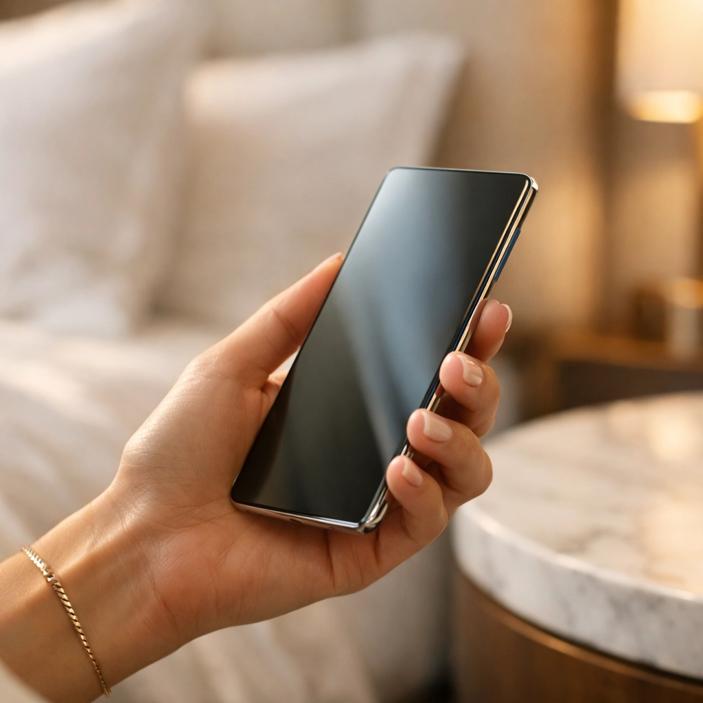 Guest using a smartphone in a suite, illustrating secure data privacy and AI-powered guest services.