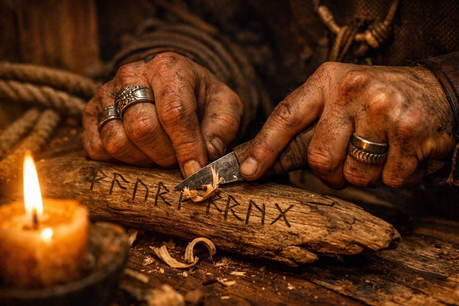 Viking warrior carving Norse runes into driftwood as a love token