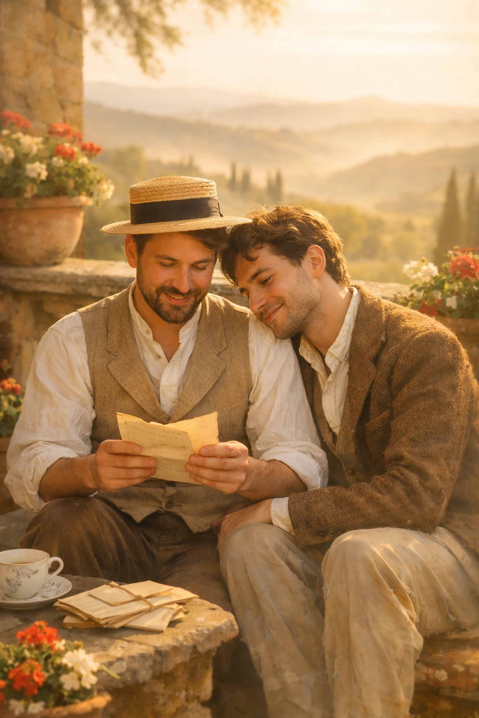 Gay couple reading old love letters together on Italian villa terrace in the 1890s