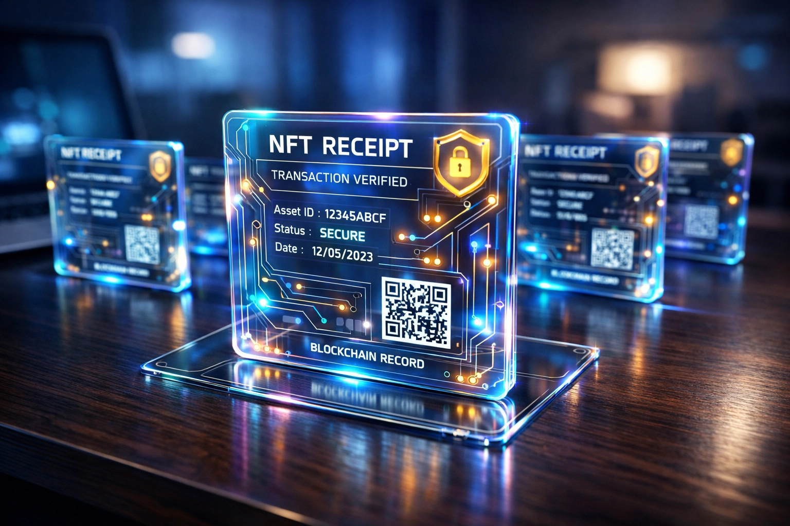 Secure Web3 digital receipts on a holographic interface for transparent crypto merchant account bookkeeping.