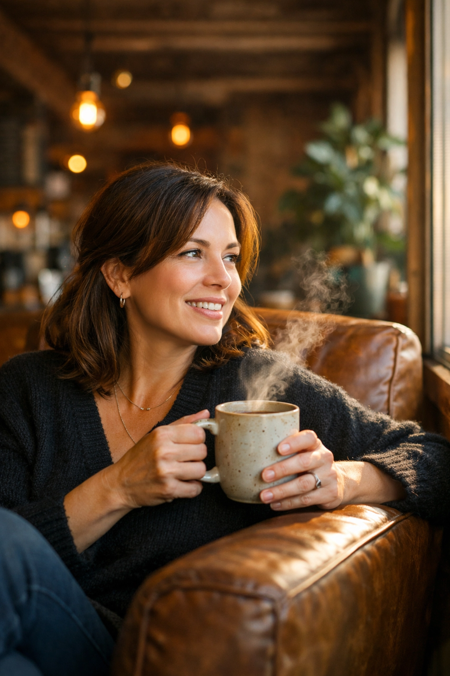 Top 10 Unposed Portrait Photography Ideas for Capturing Genuine Emotions 2 Woman relaxing in a Seattle coffee shop, showcasing how to find photo spots near me for unposed portraits.