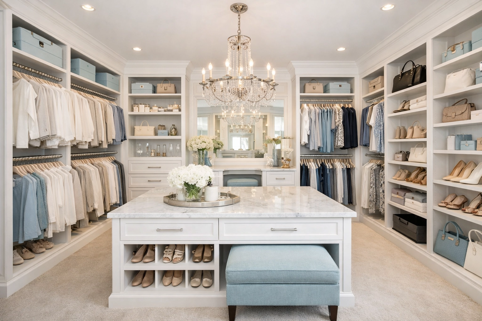 Perfectly organized luxury master closet featuring curated wardrobe and uniform hangers.