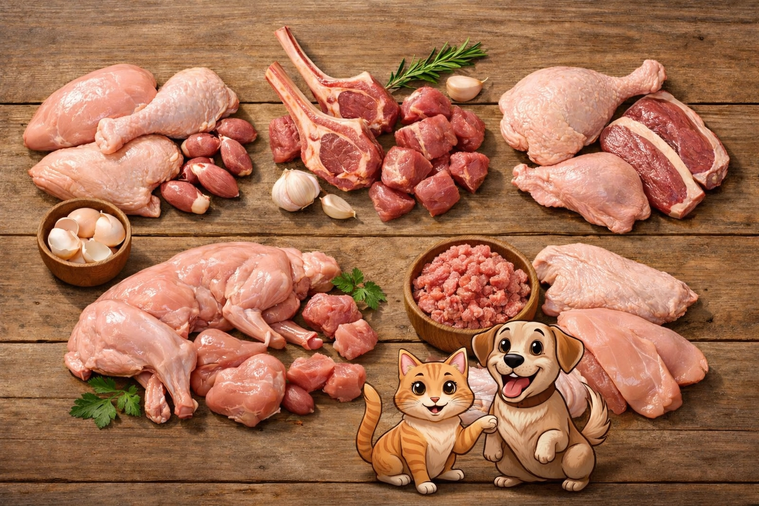 Variety of raw dog food proteins including chicken, lamb, duck, rabbit, and turkey