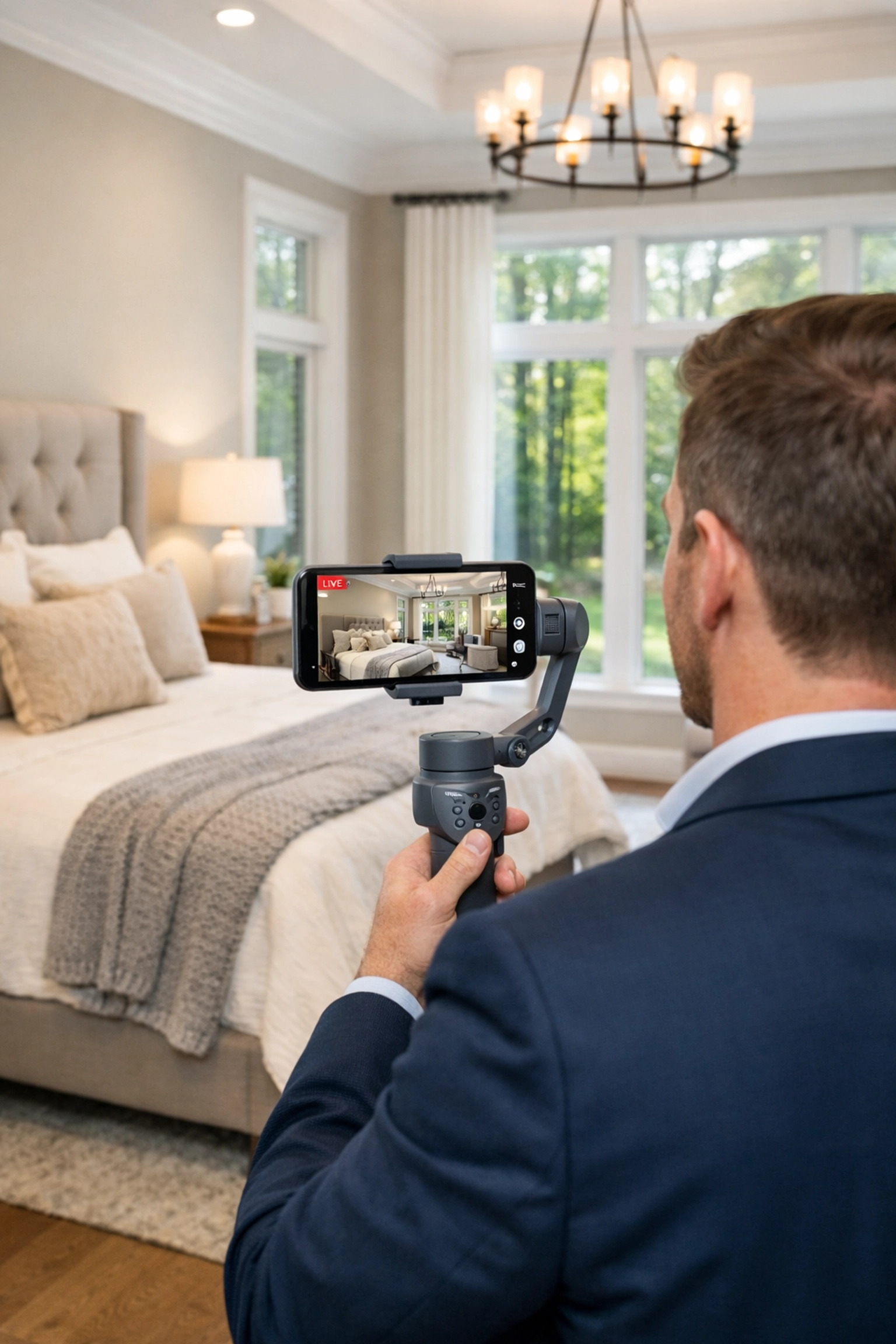 Agent filming a live video walkthrough of a staged bedroom in a North Carolina home.